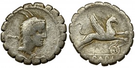 Roman Republic, Papius, Denarius serratus - VERY RARE
Very rare type of Papius denarius with mint marks, a bridle on the obverse and a chariot on the ...