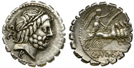 Roman Republic, Q. Antonius Balbus, Denarius serratus
Roman Republic

Q. Antonius Balbus, Denar serratus 83-82 BC, Rome mint
Obverse:&nbsp;laureate he...