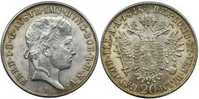 Austria, Ferdinand I, 20 Kreuzer Wien 1848 A
Mint, a beautifully preserved specimen.
Pięknie zachowana sztuka, z delikatną patyną. Reference: Herinek ...