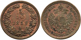 Austria, Franz Joseph I, 5/10 Kreuzer Wien 1859 A
Mint piece.
Menniczej świeżości moneta. Reference: Herinek 938
Grade: AU