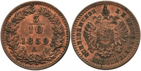 Austria, Franz Joseph I, 5/10 Kreuzer Wien 1859 A
Mint piece.
Menniczej świeżości moneta. Reference: Herinek 938
Grade: AU