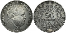 Austria, II Republic, 50 schillings Wien 1971
80th Anniversary of birth of Julius Raab.
80 rocznica urodzin Juliusa Raab'a. Reference: KM 2911
Grade: ...