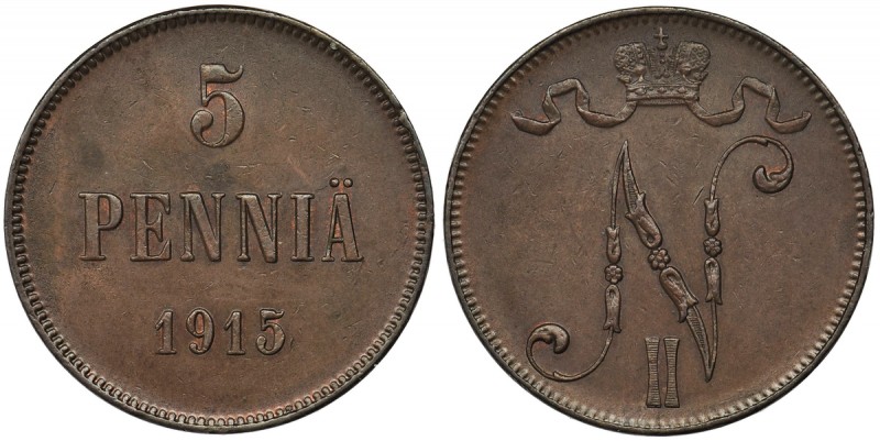 Finland, Russian Occupation, Nicholas II, 5 Penniä Helsinki 1915
Very nice piece...