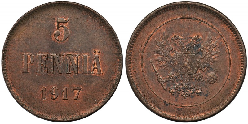 Finland, Russian Occupation, Nicholas II, 5 Penniä Helsinki 1917

Very nice piec...