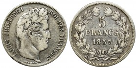 France, Louis Phillip I, 5 francs Rouen 1837 B
Coin with a bust by Domard.
Moneta z popiersiem autorstwa Domard'a. Reference: KM #749.2
Grade: VF-