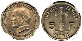 France, Etat Français, Marechal Petain, 5 Francs Paris 1941 - NGC MS63
Rare and beautifully preserved 5 francs copper-nickel.
Rzadka i pięknie zachowa...