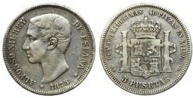 Spain, Alfonso XII, 5 pesetas Madrid 1875 DE-M Reference: Cayón 17503
Grade: VF