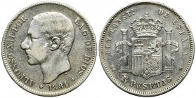 Spain, Alfonso XII, 5 pesetas Madrid 1884 MS-M Reference: Cayón 17514
Grade: VF