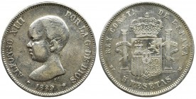 Spain, Alfonso XIII, 5 pesetas Madrid 1889 MP-M
Whizzed.
Czyszczona. Reference: Cayón 17635
Grade: VF