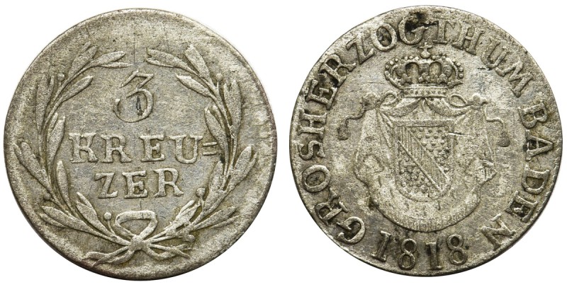 Germany, Baden, Durlach, Karl Ludwig Friedrich, 3 Kreuzer 1818 Reference: AKS 32...