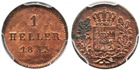 Germany, Bavaria, Maximilian II Joseph, 1 Heller Munich 1855 - PCGS MS63 RB
Minted piece.
Menniczy egzemplarz.&nbsp;
Dobra nota od PCGS. Reference: KM...