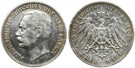 Germany, Baden, Friedrich II, 3 mark Karlsruhe 1908 G
Nice piece.
Połyskowy egzemplarz.
Przetarty.&nbsp; Reference: AKS 165, Jaeger 39
Grade: VF+