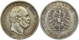 Germany, Kingdom of Prussia, Wilhelm I, 5 mark Berlin 1874 A
Circular piece.
Obiegowa sztuka. Reference: AKS 114, Jaeger 97
Grade: VF