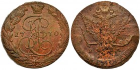 Russia, Catherine II, 5 Kopecks Jekaterinburg 1770 EM
Beautiful, practically mint-colored obverse. Reverse with traces of corrosion.
Awers piękny, pra...