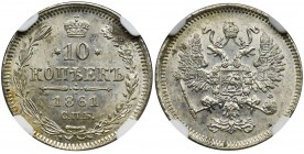 Russia, Alexander II, 10 Kopeks Petersburg 1861 СПБ- NGC MS62
Beautiful mint coin. Variation without letters on the sides of the Eagle's tail.
Piękna,...