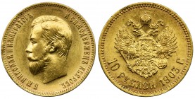Russia, Nicholas II, 10 Rubles Petersburg 1903 A•P
Slightly rarer year than the common ones. Mint coin with a nice clock background shine. Gold '900',...