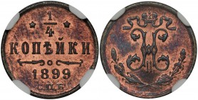 Russia, Nicholas II, 1/4 Kopeck 1899 СПБ - NGC MS66 RB
An excellent specimen. Coin in a beautiful red-brown color, with a predominance of red. Fully m...