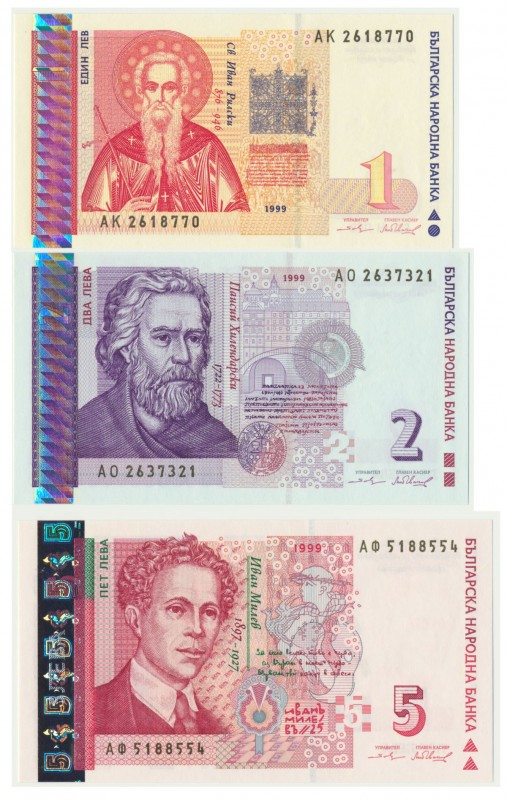 Bulgaria, Set of 1,2,5 Levas 1999 (3pcs.)
Uncirculated.
Stany bankowe. Reference...