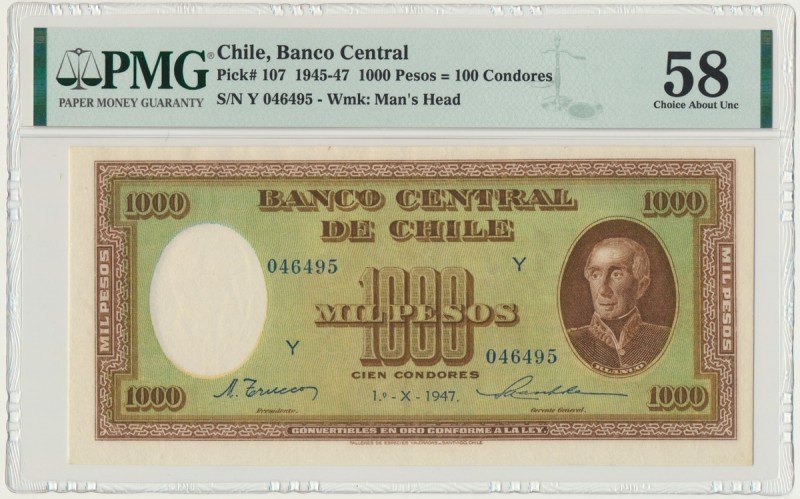 Chile, 1.000 pesos 1947 - PMG 58
Rare piece in this condition.
Highest grade in ...