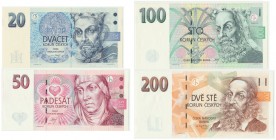 Czech, Republic Set of 20-200 crowns 1994-98 (4pcs.)
All uncirculated.
Stany bankowe. Reference: Pick# 10-13
Grade: UNC/AU