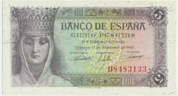 Spain, 5 pesetas 1943
Uncirculated piece.
Stan bankowy. Reference: Pick# 127a
Grade: UNC