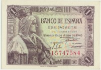 Spain, 1 peseta 1945
Light fold at top right corner.&nbsp;
Fresh piece.
Śladowe ugięcie na prawym, dolnym narożniku.&nbsp;
Emisyjnej świeżości banknot...