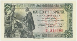 Spain, 5 pesetas 1945
Light dent in paper, otherwise perfect.
Lekki zagniecenie w polu.&nbsp;
Emisyjnej świeżości banknot. Reference: Pick# 129a
Grade...