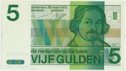 Netherlands, 5 guldens 1973
Minor folds at the tips of right corners.&nbsp;
Ugięcia na końcach prawych rogów.
Emisyjnej świeżości banknot. Reference: ...