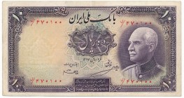Iran, 10 rials 1937
Pressed and washed.
Good eye appeal.
Kilka złamań. Prostowany.
Ładna prezencja. Reference: Pick# 33A
Grade: VF+/XF-