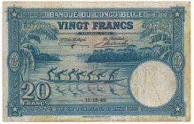 Belgian Congo, 20 Francs 1940
Numerous folds but paper still firm.
Klasyka afrykańskich banknotów - Kongo.&nbsp;
Wielokrotnie złamany, ale papier zach...