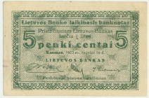 Lithuania, 5 centai 1922
Several folds.&nbsp;
Rzadki banknot.
Kilkukrotnie ugięty, ale ładny w prezencji. Reference: Pick# 2a
Grade: VF+