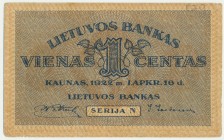 Lithuania, 1 centu 1922 - N -
Rarely seen note.&nbsp;
Some folds but never washed or pressed.
Good eye appeal.
Rzadko notowany banknot.&nbsp;
Kilka ug...