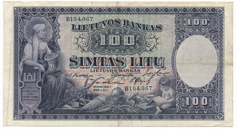 Lithuania, 100 litu 1928
Numerous folds but paper is still in good condition.&nb...