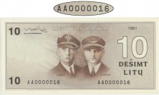 Lithuania, 10 litu 1991 - AA 0000016 - LOW SERIAL NUMBER
Variation with error in Girenas name.&nbsp;
Brilliant uncirculated piece with etremely lowe s...