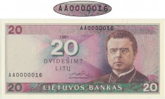 Lithuania, 20 litu 1991 - AA 0000016 - LOW SERIAL NUMBER
A slight fold at the tip of upper right corner, otherwise a perfect note.
Brilliant piece wit...