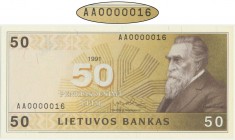 Lithuania, 50 litu 1991 - AA 0000016 - LOW SERIAL NUMBER
Brilliant uncirculated piece with extremely low serial number.
Banknot pierwszej emisji z eks...
