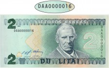 Lithuania, 2 litu 1993 - DAA 0000016 - LOW SERIAL NUMBER
Brilliant piece with extremely low serial number.
Minor fold at the tip of upper right corner...