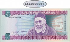 Lithuania, 5 litu 1993 - GAA 0000016 - LOW SERIAL NUMBER
Brilliant uncirculated piece with extremely low serial number.
Banknot z ekstremalnie niskim ...