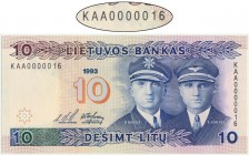 Lithuania, 10 litu 1993 - KAA 0000016 -
Brilliant uncirculated piece with extremely low serial number.
Banknot z ekstremalnie niskim numerem seryjnym....