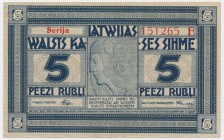 Latvia, 5 rubles (1919) Very light verticall fold and some minor ones at the tips of all corners. Never washed or pressed with great eye appeal.&nbsp;...
