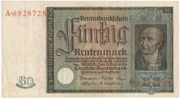 Germany, 50 Rentenmark 1934
Numerous folds but never washed.
Rzadki banknot.
Wielokrotnie ugięty, ale nieprostowany.&nbsp;
Dobra prezencja. Reference:...