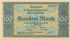 Memel, 100 mark 1922
Beautifull, crisp piece. Light fold at upper right corner but with no veritcal folds.&nbsp;
Never washed or pressed with original...
