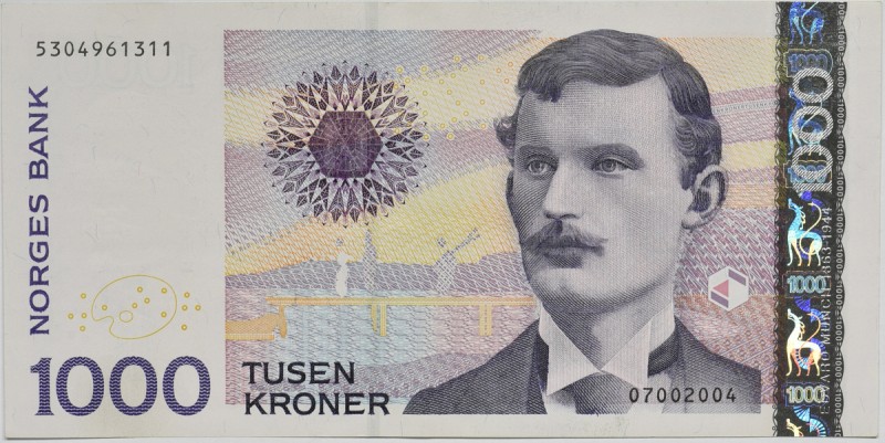 Norway, 1.000 krones 2001
Light verticall fold.&nbsp;
Never washed or pressed.
Ś...