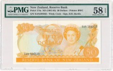 New Zealand, 50 dollars (1981-5) - PMG 58 EPQ
Beautifull piece. Most likely with light bent.

Rzadszy wczesny rocznik.&nbsp;
Pięknie zachowany banknot...