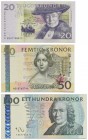 Sweden, Set of 20-100 crown 2001-08 (3 pcs.)
Uncirculated.
Stany bankowe. Reference: Pick# 62b, 63b, 64a
Grade: UNC