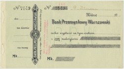 Bank Przemysłowy Warszawski - Czek na marki -
Numerowany. Częściowo wypełniony.
Bardzo dobrze zachowany.