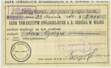 Bank Towarzystw Spółdzielczych S.A Oddział w Wilnie - Czek na 2.000 złotych -
Wypełniony i odręcznie podpisany.
Stempel na awersie.