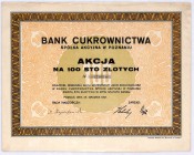 Bank Cukrownictwa S.A. akcja na 100 zł, 24.12.1927
Jedyny bank branżowy który odniósł sukces, faktycznie kontrolował znaczną część obrotów na ryku cuk...