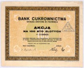 Bank Cukrownictwa S.A. akcja na 100 zł, 29.10.1928
Jedyny bank branżowy który odniósł sukces, faktycznie kontrolował znaczną część obrotów na ryku cuk...
