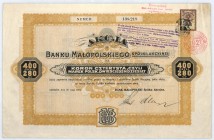 Bank Małopolski S.A. akcja na 400 koron, 30.05.1920
Jeden z najstarszych banków akcyjnych, założony w Galicji w 1869 roku jako Galicyjski Bank dla Han...